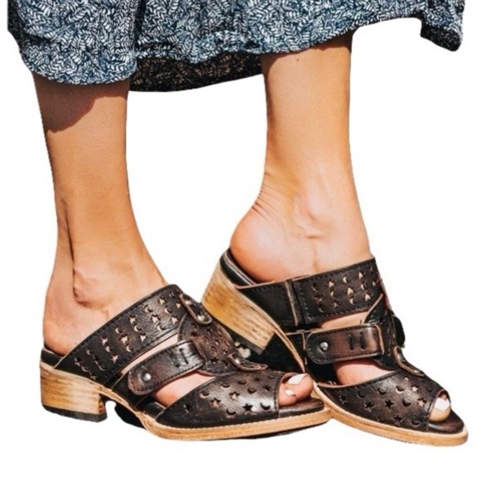 FREEBIRD by Steven Moonstar Leather Block Heel Slip on Mule Sandal